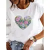 Top Retro Sencillo de Cuello Redondo Estampado Floral de Plantas y Letras Talla Grande para Primavera y Verano para Mujer