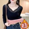 Blusas Quentes para Mulheres no Outono e Inverno, Renda Aveludada e Espessa com Decote V Roupas de Outono, Camisetas Básicas Justas, Tops para Usar por Cima