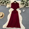 Vestido de Punto de Seda Helada Retro Coreano de Manga Corta para Mujer, Estilo Francés de Verano, Sensación de Nicho de Alta Gama, Vestido Largo Adelgazante que Ceñe la Cintura