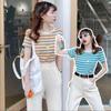 Camiseta de Manga Corta a Rayas de Celebridad de Internet para Mujer 2021 Verano Nuevo Top Ajustado para Mujer Camiseta Básica de Estilo Coreano para Estudiantes