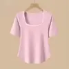 Camiseta Top Básico Simples de Malha Costurada para Verão 2026, Modelagem Slim, Tamanho Plus Size, Manga Curta, Ombros Retos, para Mulheres