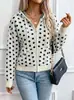 Cardigã de tricô com bolinhas estilo europeu e americano, suéter feminino com capuz e zíper, novo top curto casual e moderno para outono/inverno