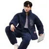 Pijama para Hombre Invierno Engrosado Tres Capas Terciopelo Coral Acolchado Casual Cremallera Cálida Chaqueta de Algodón Cuello Alto Conjunto para Casa