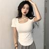 Camiseta de Manga Corta Ajustada de Color Sólido con Patrón de Cangrejo de Cinco Paneles para Mujer, Camiseta Básica Casual de Verano, Top con Cuello en U, Ropa para Mujer de Comercio Exterior, Suministro al por Mayor