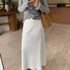 Falda larga de punto gris estilo coreano con retazos y detalle en el dobladillo para mujer, otoño, de alta gama, fluida, estiliza la figura, elegante, casual, línea A