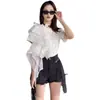 Camiseta Simples de Manga Curta com Gola Redonda e Borda Ondulada para Mulheres - Design Novo de Verão 2026 - Dongdaemun, Coreia do Sul
