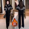 Traje Casual Grueso Forrado de Polar 2025 para Mujer, Chaqueta Casual de Retazos a Cuadros con Pantalones de Pierna Ancha, Conjunto de Dos Piezas Elegante que Reduce la Edad para Invierno