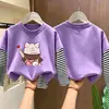 Camiseta base de manga larga tipo dos piezas para niña, nuevo estilo primavera/otoño 2026, camiseta de algodón puro con cuello redondo, corte holgado para niños mayores