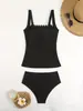 Traje de baño negro de estilo europeo y americano conservador, que cubre el abdomen, con borde ondulado para mujer, de dos piezas, Transfronterizo 2025, Realza el busto, Adelgaza los hombros