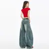 Jeans Estilo Americano Scimitar Rotos para Mujer, Nuevo Diseño de Cintura Alta para Otoño e Invierno, Silueta Lavada, Pantalones Sueltos de Pierna Ancha Largos hasta el Suelo