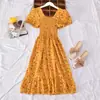 Vestido de Verão 2026 de Roupas Femininas Transfronteiriças, Novo Estilo Coreano, Gola Quadrada Retrô, Estampa Floral, Ajuste na Cintura, Emagrecimento, Acabamento com Babados