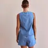 Estação Independente Moda Verão Casual Europeia e Americana Sem Mangas Cadarço Cintura Alta Colete Feminino Shorts de Conjunto Jeans