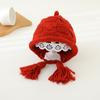 Gorro de lana con borlas para otoño e invierno, cálido, tejido a mano, estilo japonés, con orejas colgantes, color rojo vino, para niña