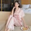 Pijama Jacquard de Seda Gelada Cetim Doce Borboleta Estilo Coreano Feminino Renda Verão Manga Curta Confortável Roupa de Casa Conjunto Atacado