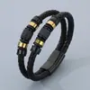 Pulsera de Cuerda Trenzada de Cuero de Doble Hilo Estilo de Negocios Europeo y Americano, Joyería de Pulsera de Cuero para Hombre con Cuentas de Acero Inoxidable Punk