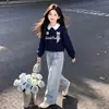 Conjunto de Moletom com Gola Polo e Renda Elegante e Calça Jeans com Estampa de Estrelas para Crianças Maiores - Moda Primavera e Outono 2026