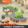 Estante de biblioteca escolar sofá combinação curva criativa modelo, estante de leitura de formato único área de armazenamento área de descanso banco longo