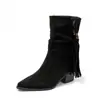 Botas Fashion para Mulheres, Versátil, Novo Estilo Outono 2026, Botas Slim, Bico Fino, Salto Grosso, Camurça, Salto Alto de 6cm, Botas Curtas com Franjas