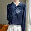 Suéter de Lã Penteada Feminino Solto Redutor de Idade Seda de Amora Manga Longa Fino Gola Polo Interna Estilo Ocidental Camisa Base
