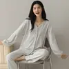 Pijama de algodón elástico jacquard de doble cara para mujer, cárdigan de primavera y otoño, manga larga, cómodo, se puede usar afuera, conjunto casual para el hogar
