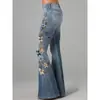 Sitio Independiente Transfronterizo Europeo y Americano Nuevo Pantalón de Mezclilla Acampanado Ajustado a la Moda para Mujer con Impresión Digital 3D de Amazon