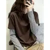 Camiseta de Manga Larga para Mujer Estilo Retro Americano Falso Dos Piezas Bloque de Color Algodón Puro Otoño Versátil Reductora de Edad Elegante Chic Moda Top