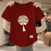 Nueva llegada de verano, camiseta de manga corta para mujer, nicho versátil retro cuello redondo patchwork nuevo estilo chino, oculta el abdomen, top exterior de moda ins