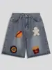 Pantalones de Verano Sueltos con Diseño Creativo Bordados en Toalla Mezclilla de Pierna Ancha a Media Pantorrilla Marca de Moda Americana High Street