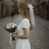 Velo de Novia Nuevo Transfronterizo, Encaje de Boda Estilo Coreano, Diseño Corto Sencillo Liso, Accesorio para el Cabello con Lazo Elegante y Atmosférico