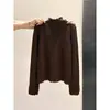 Suéter de punto único y exquisito estilo francés con cuello semi-alto fruncido y mangas largas para mujer, nuevo top base ajustado para otoño e invierno