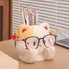 Portaplumas Multifuncional Creativo de Gato con Tres Flores, Soporte para Gafas, Papelería para Estudiantes, Organizador de Escritorio de Gran Capacidad, Adorno Decorativo de Resina