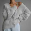 2026 Venda Quente Transfronteiriça Primavera e Outono Cardigan Feminino de Pelo Sintético de Visão, Casaco Suéter de Estilo Casual Solto, Tricô Macio de Manga Longa