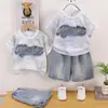 Ropa para niño pequeño Camiseta de cuello redondo con letras Conjunto de dos piezas Estilo coreano Casual Verano Nuevo Conjunto Tie-Dye para niños
