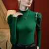 T-shirt feminina meia gola rolê escovada manga bufante Slim fit decoração da indústria pesada 2023 outono nova camisa de nicho de manga comprida