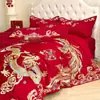Juego de Bordado para Boda de Cuatro Piezas Rojo Algodón Amigable con la Piel Sábana Funda Nórdica Boda China Casa Nueva Colcha Auspiciosa Ropa de Cama para Boda