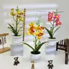 Cuatro Película Impresa Orquídea Rosquilla Bonsái Decoración de Escritorio de Oficina Flor Artificial Arreglo en Maceta Accesorios para Fotos
