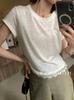 Verano Cuello Redondo Francés Encaje Costura Diseño Bajo Sensación Occidental Único Chic Manga Corta Color Sólido Camiseta Mujer