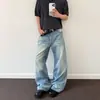 Jeans Rectos Holgados Retro Americanos Nuevos para Hombre Primavera/Verano con Bigotes de Gato Arrugados Pulverizados a Mano Pantalones Largos de Corte Limpio
