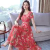 01 Vestido de Verão de Manga Curta Transfronteiriço Feminino Europeu e Americano de Manga Curta Elegante Emagrecedor Floral Gola Redonda Comprimento Médio Vestido para Idosos