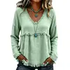 2026 Verão Novo Estilo Europeu e Americano Solto Gola V Franjada Manga Longa Camiseta Cor Sólida Casual Top Camisa Cross-border Roupas Femininas