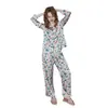 Pijama de Fresas Azules de Verano para Mujer Imitación Seda Manga Larga Pantalón Largo Conjunto de Ropa para el Hogar Dibujos Animados Fresco Se Puede Usar Afuera
