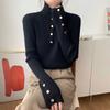 Suéter de punto elegante con cuello alto y botones interiores a rayas ajustado para otoño e invierno, suéter de estilo extranjero con aspecto ajustado y elegante para mujer.