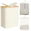 Cesta de Lavandería de Tela Oxford Caja de Almacenamiento Multifuncional con Asa de Bambú y Tapa para Guardar Ropa Sucia, Plegable y de Doble Apertura