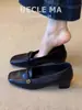 Colección Otoño 2026: Mocasines Franceses Cuadrados para Mujer con Tacón Grueso, Zapatos Planos Deslizables Versátiles para el Trabajo con Suela Blanda, Zapatos Pequeños de Piel