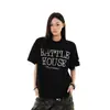 Camiseta Retro Americana de Manga Corta con Letras de Perlas para Hombres y Mujeres, Top Holgado de Media Manga de Moda Veraniego High Street para Parejas