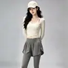 Conjunto de Yoga Red Net Feminino com Cruz Manga Longa Cover-up Calça Falsa de Duas Peças Emagrecedor Confortável Versátil para o Dia a Dia Roupas de Fitness