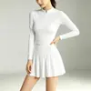 Conjunto de Golf y Tenis para Mujer Camiseta de Manga Larga con Media Cremallera y Cuello Alto Minifalda Plegada de Cintura Alta Ropa Transpirable de Secado Rápido para Fitness