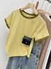 Camiseta de algodón de manga corta con hombros descubiertos para mujer, diseño irregular y elegante, top corto con contraste de color.
