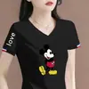 Camiseta de manga corta para mujer de comercio exterior transfronterizo, cuello en V, corte holgado, estampada, casual, retro, top para mujer de talla grande