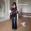 Jeans Retrô Estilo Americano Azul Escuro Cintura Alta Tamanho Único Feminino Estilo Coreano Fashionable Slim-Fit Reto Tubo Stretch Calças Flare